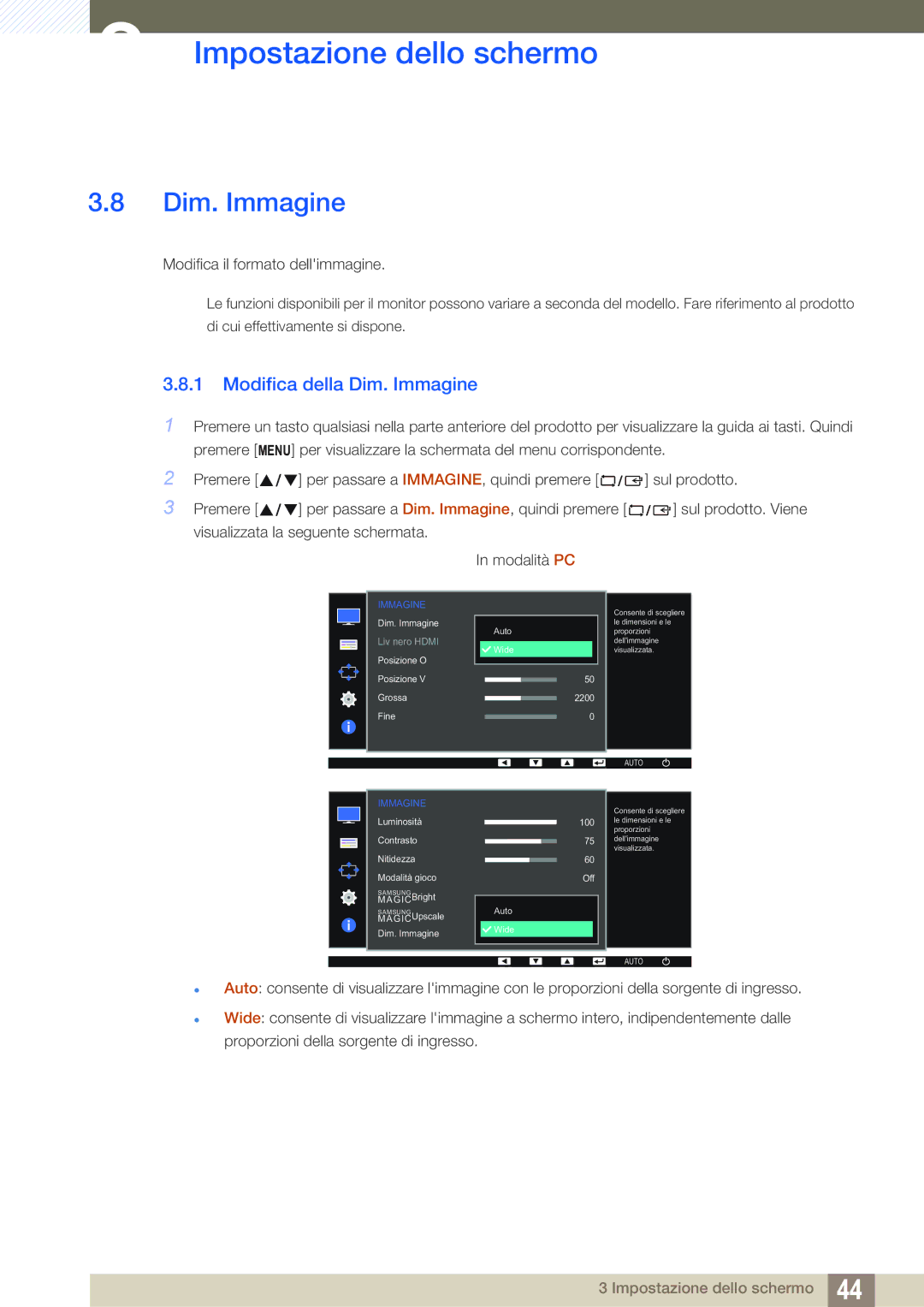 Samsung LS22D390HS/EN, LS27D390HS/EN, LS24D390HL/EN manual Modifica della Dim. Immagine 