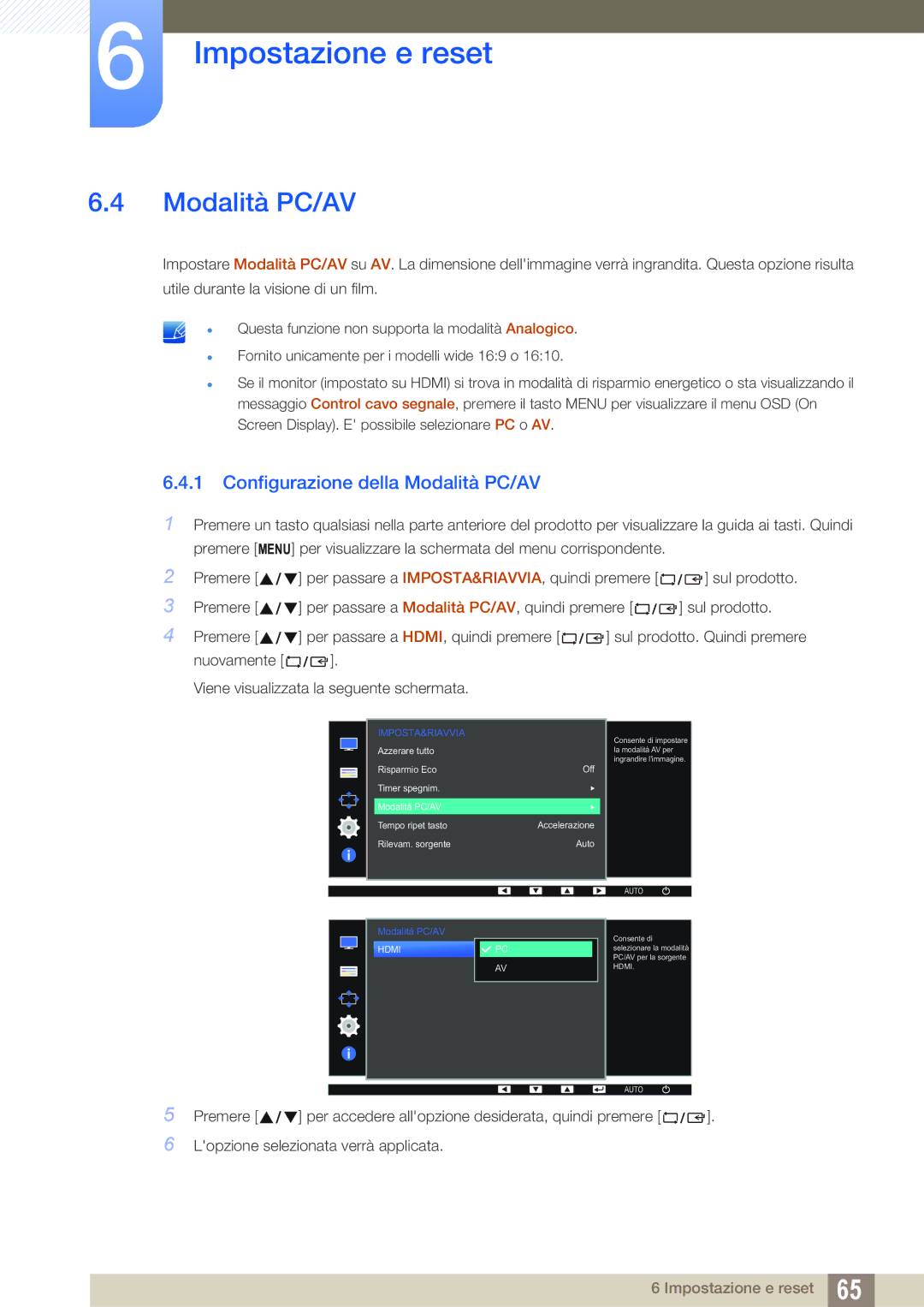 Samsung LS22D390HS/EN, LS27D390HS/EN, LS24D390HL/EN manual Configurazione della Modalità PC/AV 