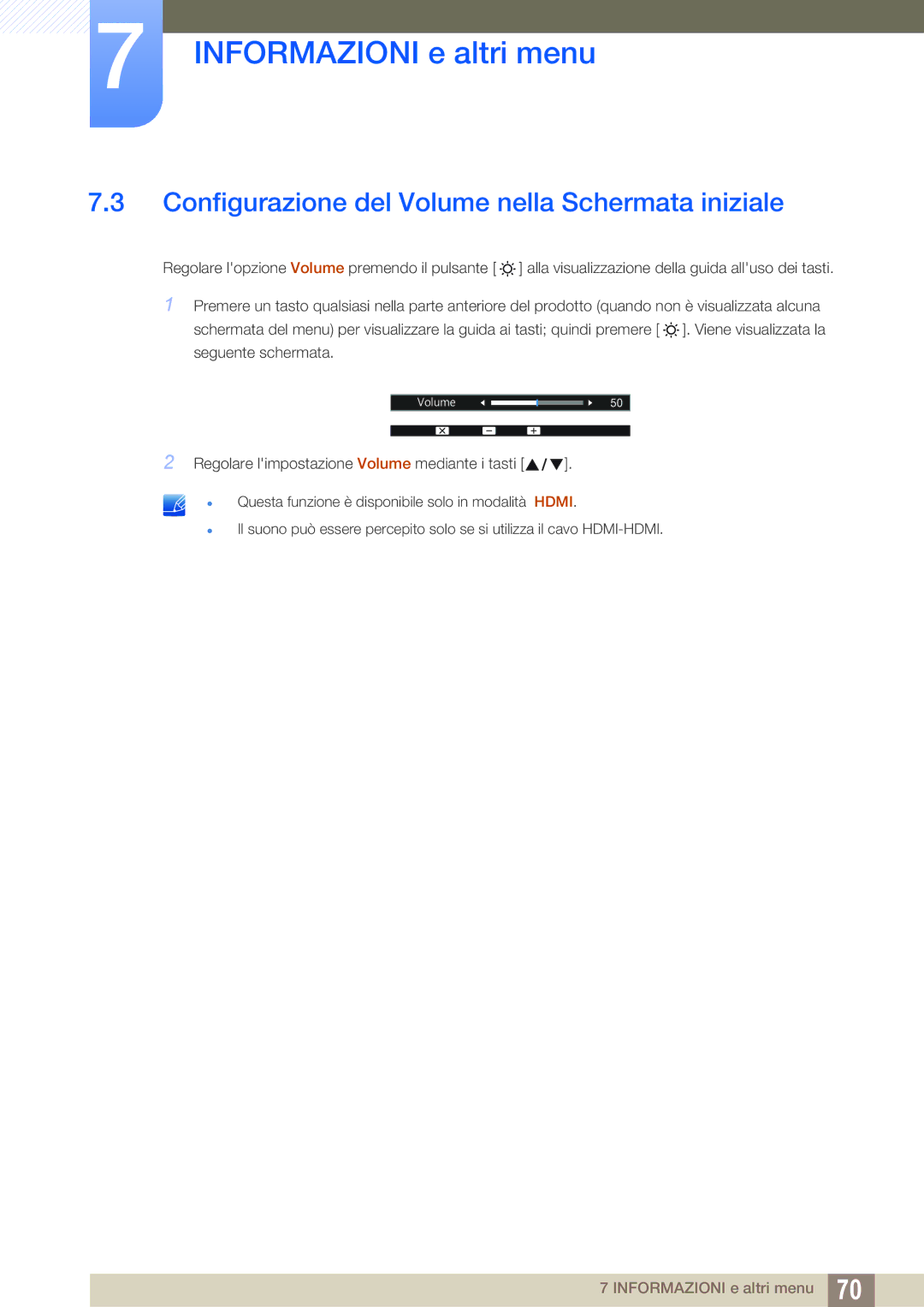 Samsung LS24D390HL/EN, LS27D390HS/EN, LS22D390HS/EN manual Configurazione del Volume nella Schermata iniziale 