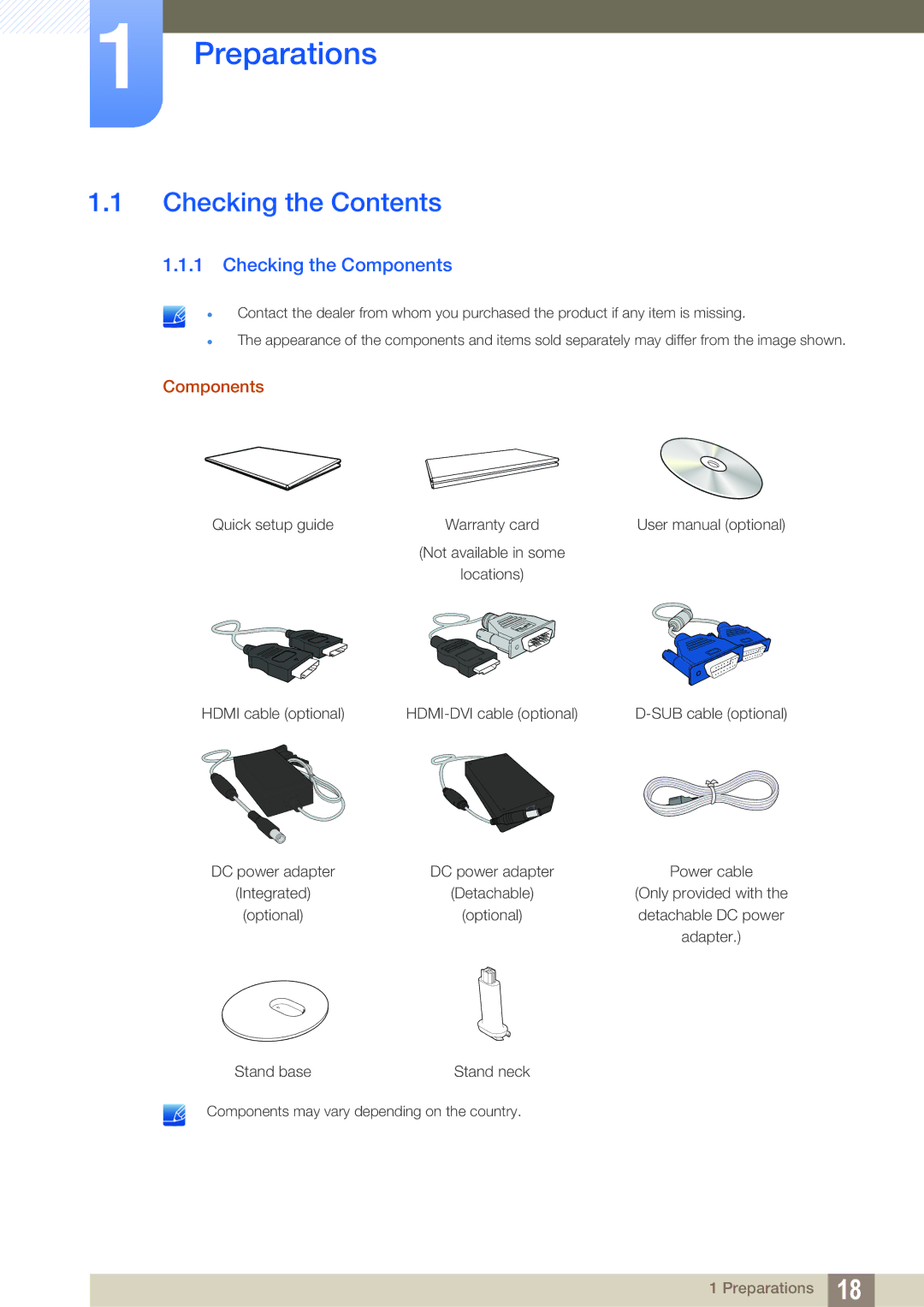 Samsung LS27D391HS/EN, LS24D391HL/EN, LS24D360HL/XV, LS27D360HS/XV, LS22D360HS/XV manual Preparations, Checking the Contents 