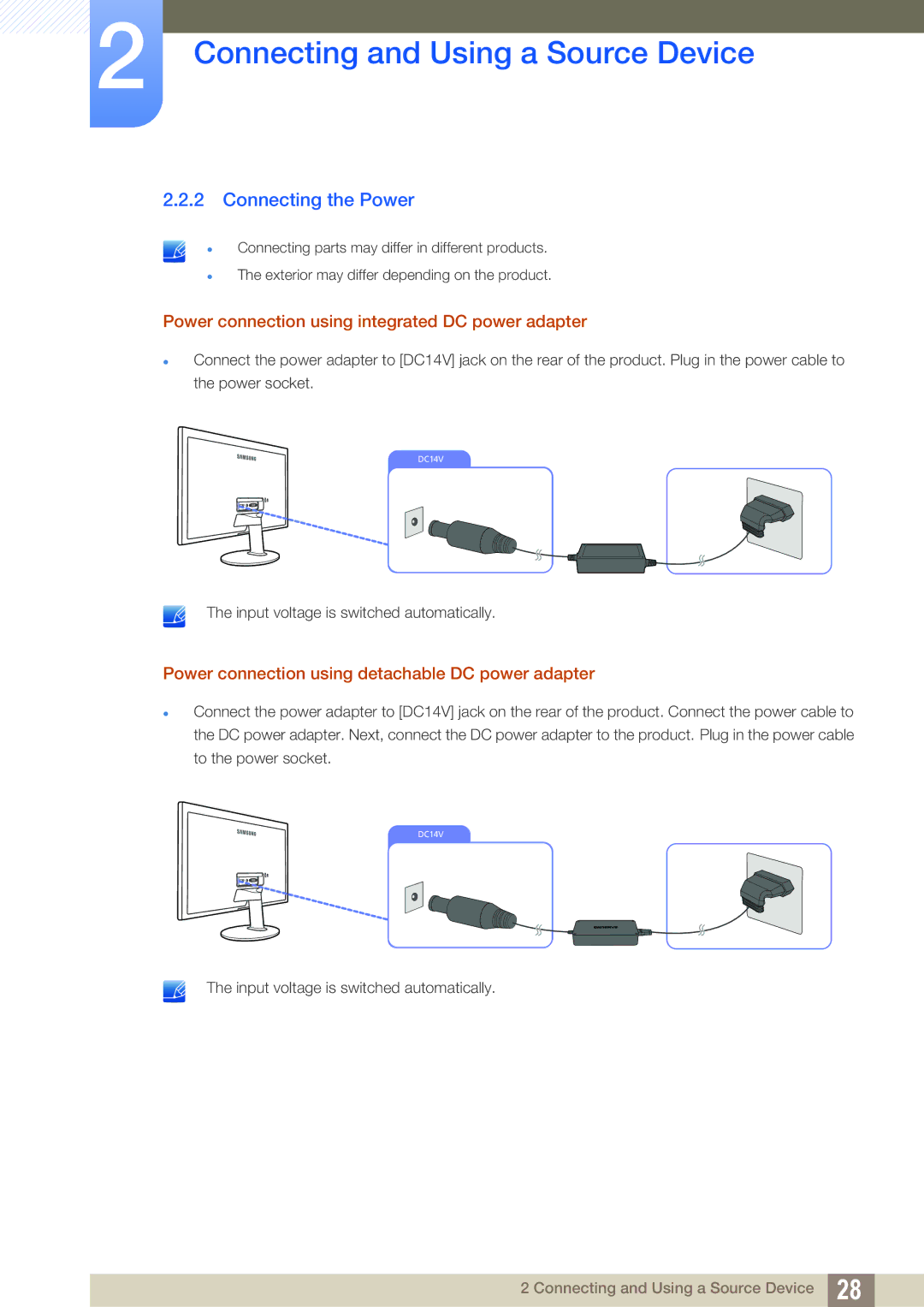 Samsung LS24D391HL/EN, LS27D391HS/EN manual Connecting the Power, Power connection using integrated DC power adapter 