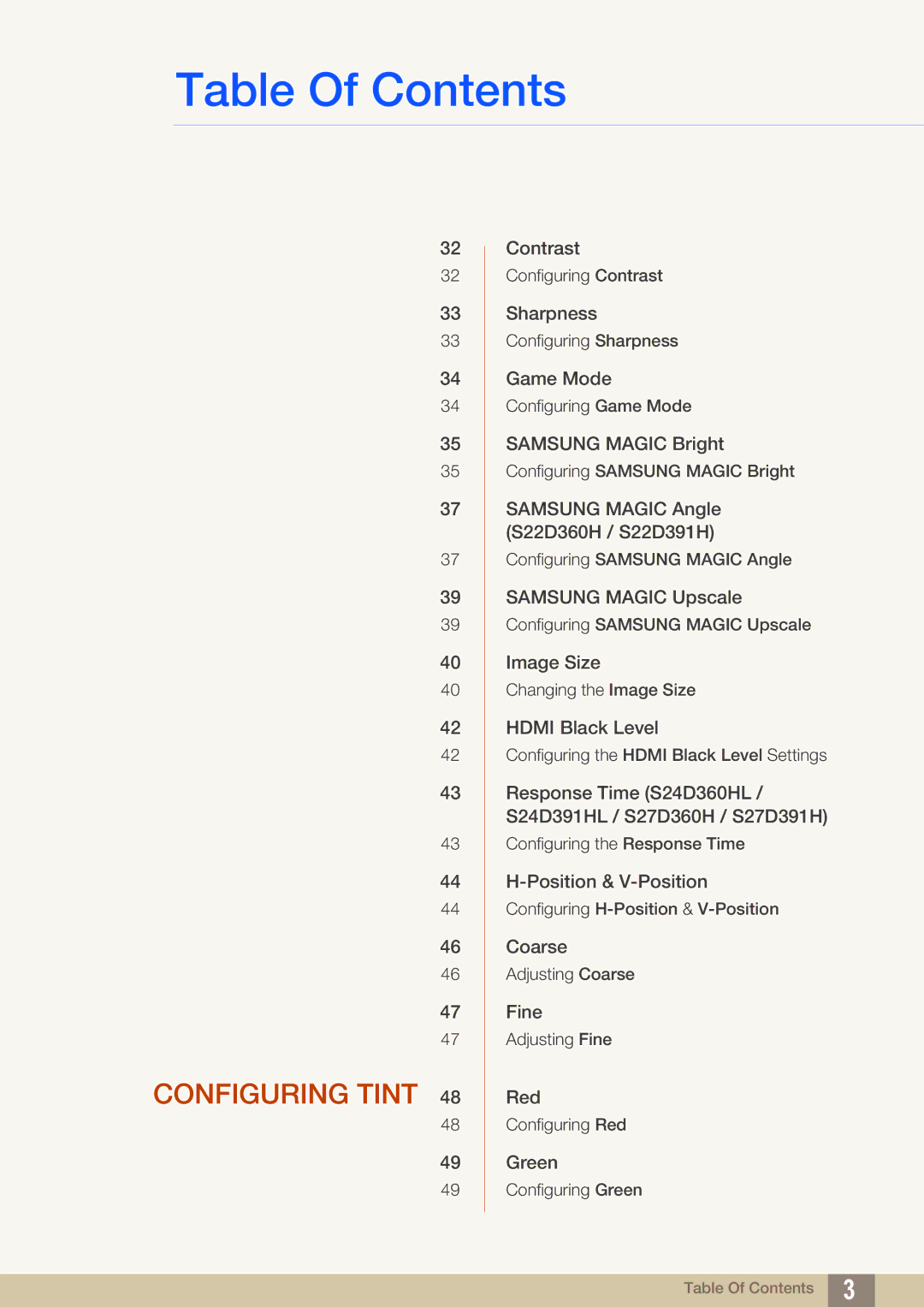 Samsung LS27D360HS/XV, LS27D391HS/EN, LS24D391HL/EN, LS24D360HL/XV, LS22D360HS/XV, LS24D391HLX/KZ manual Configuring Tint 