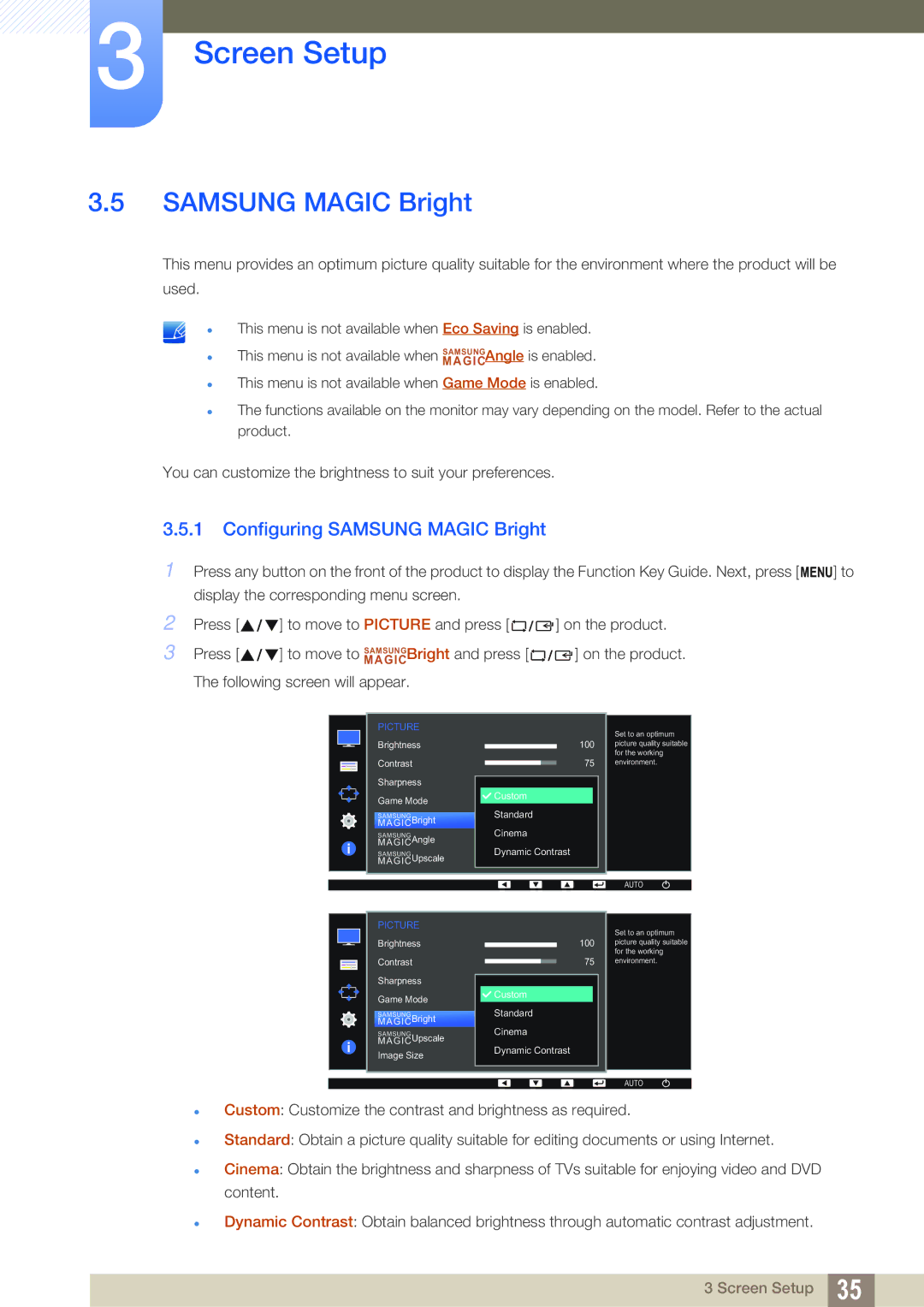 Samsung LS24D360HL/CH, LS27D391HS/EN, LS24D391HL/EN, LS24D360HL/XV, LS27D360HS/XV manual Configuring Samsung Magic Bright 