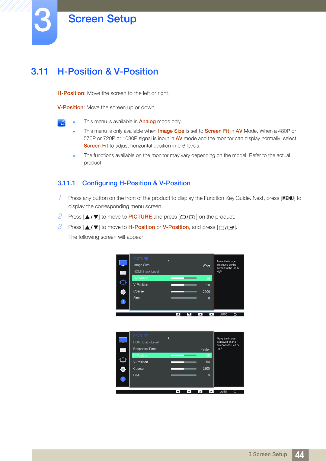 Samsung LS24D360HL/CH, LS27D391HS/EN, LS24D391HL/EN, LS24D360HL/XV, LS27D360HS/XV Configuring H-Position & V-Position 