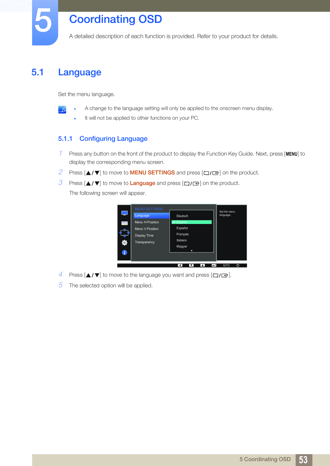 Samsung LS24D360HL/CH, LS27D391HS/EN, LS24D391HL/EN, LS24D360HL/XV, LS27D360HS/XV Coordinating OSD, Configuring Language 