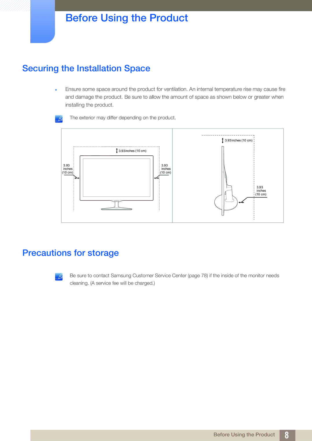 Samsung LS24D360HL/CH, LS27D391HS/EN, LS24D391HL/EN, LS24D360HL/XV Securing the Installation Space, Precautions for storage 