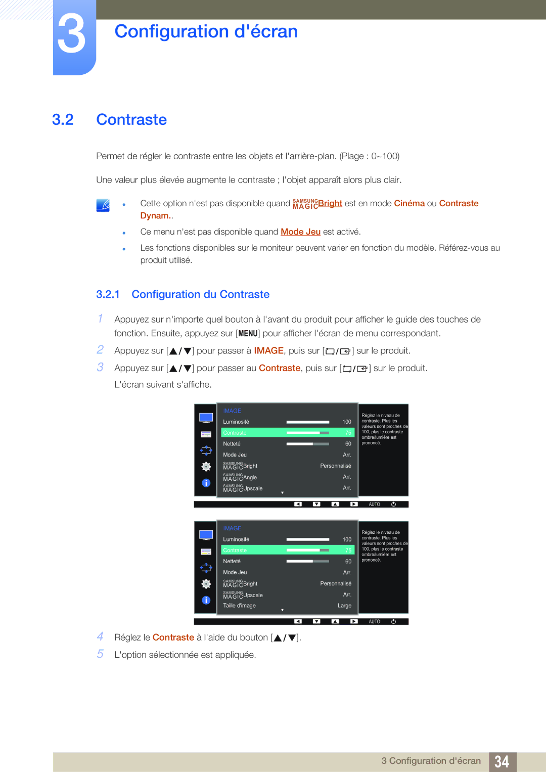 Samsung LS27D391HS/EN, LS24D391HL/EN manual Configuration du Contraste 