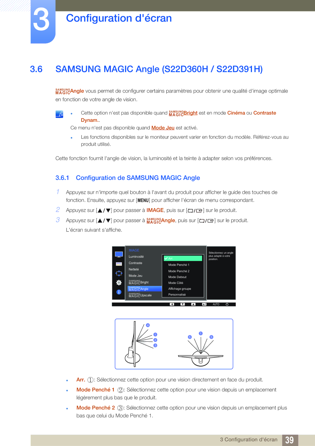 Samsung LS24D391HL/EN, LS27D391HS/EN manual Samsung Magic Angle S22D360H / S22D391H, Configuration de Samsung Magic Angle 