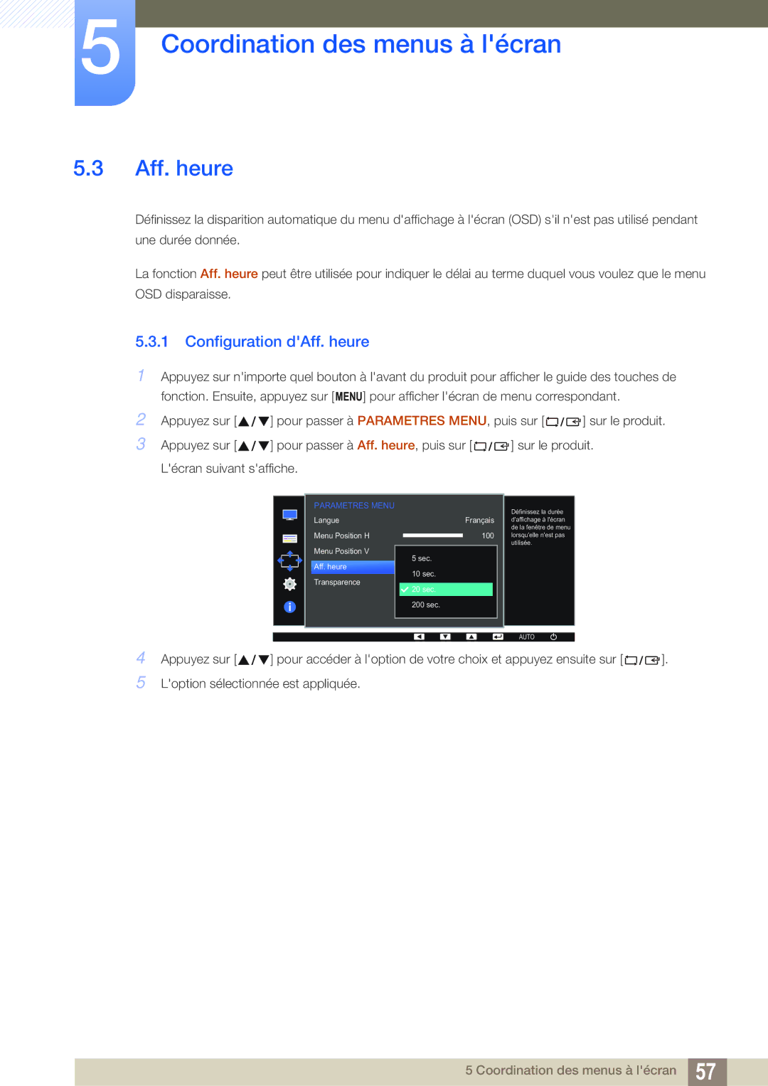 Samsung LS24D391HL/EN, LS27D391HS/EN manual Configuration dAff. heure 