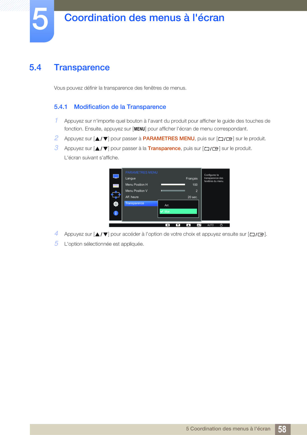 Samsung LS27D391HS/EN, LS24D391HL/EN manual Modification de la Transparence 