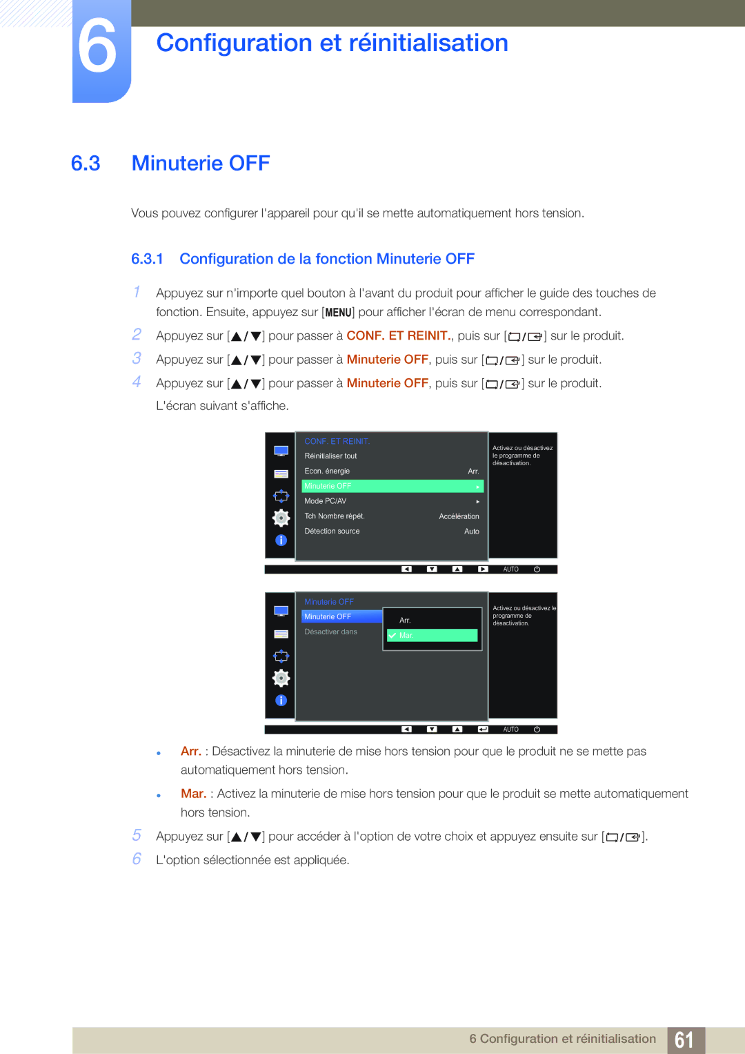 Samsung LS24D391HL/EN, LS27D391HS/EN manual Configuration de la fonction Minuterie OFF 