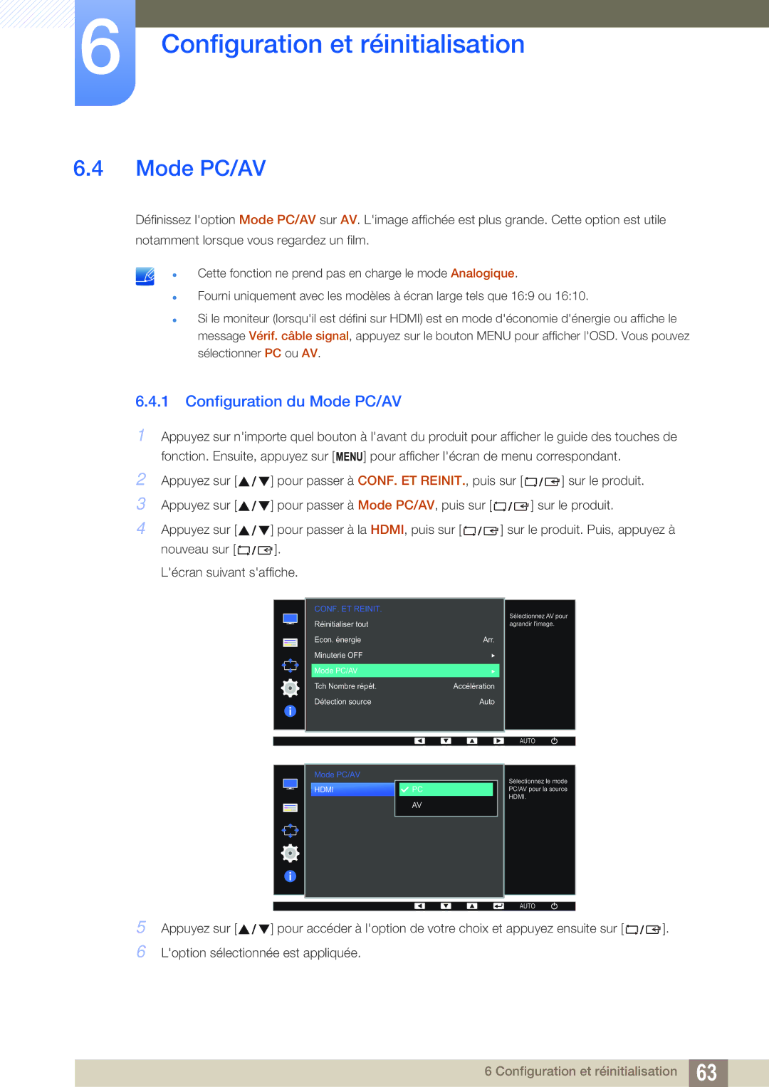 Samsung LS24D391HL/EN, LS27D391HS/EN manual Configuration du Mode PC/AV 