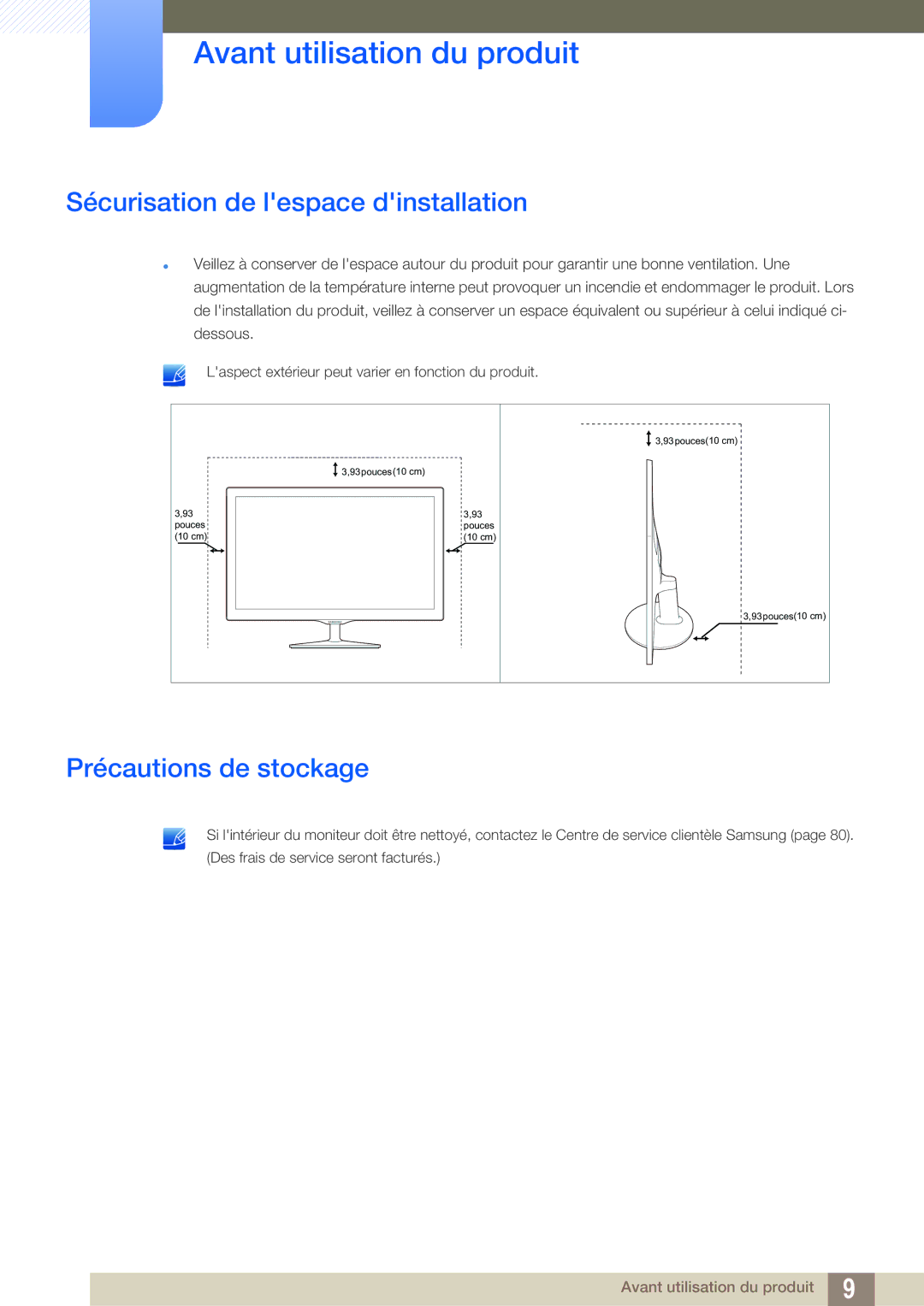 Samsung LS24D391HL/EN, LS27D391HS/EN manual Sécurisation de lespace dinstallation, Précautions de stockage 