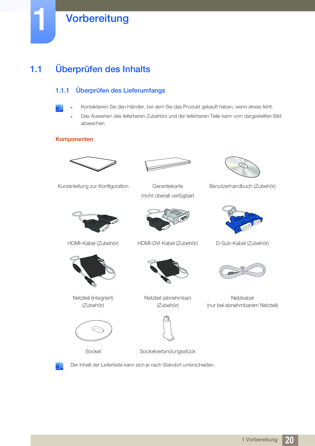 Samsung LS27D391HS/EN, LS24D391HL/EN Vorbereitung, Überprüfen des Inhalts, 1 Überprüfen des Lieferumfangs, Komponenten 