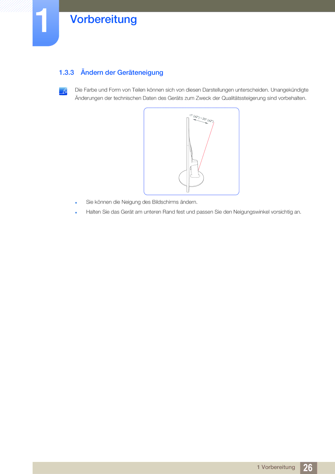 Samsung LS27D391HS/EN, LS24D391HL/EN manual 3 Ändern der Geräteneigung 