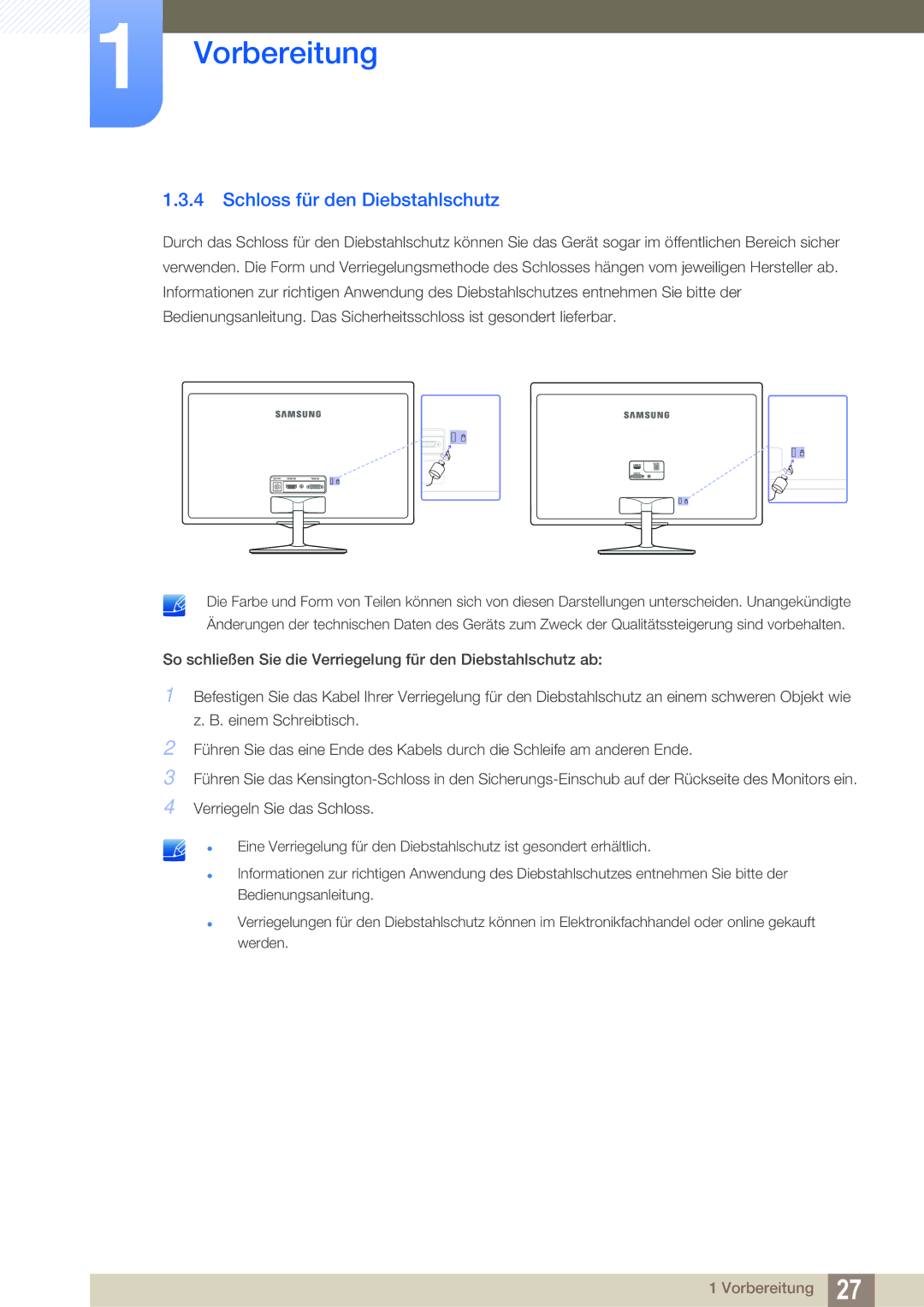 Samsung LS24D391HL/EN, LS27D391HS/EN manual Schloss für den Diebstahlschutz 