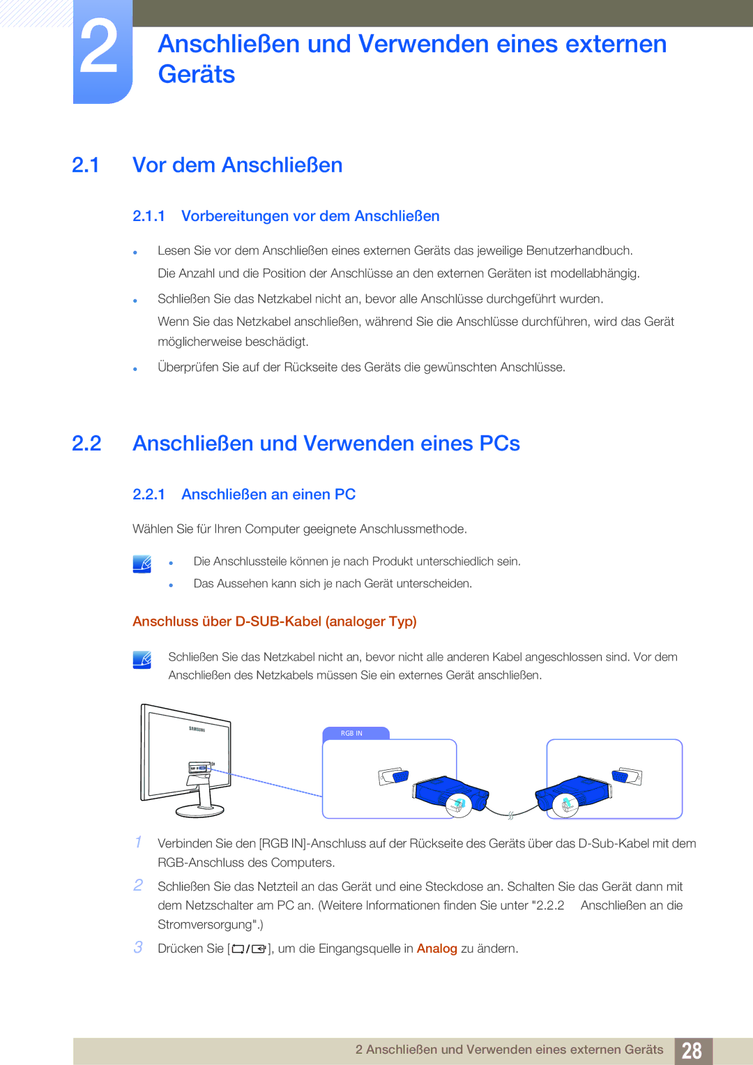 Samsung LS27D391HS/EN manual AnschließenGeräts und Verwenden eines externen, Vor dem Anschließen, Anschließen an einen PC 