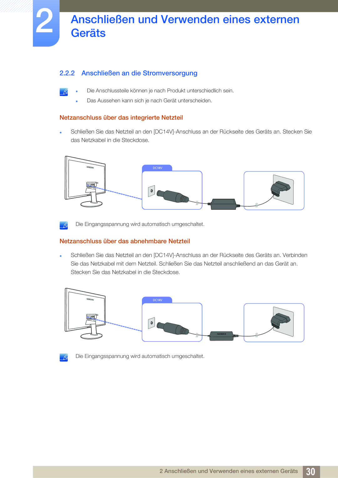 Samsung LS27D391HS/EN, LS24D391HL/EN manual Anschließen an die Stromversorgung, Netzanschluss über das integrierte Netzteil 