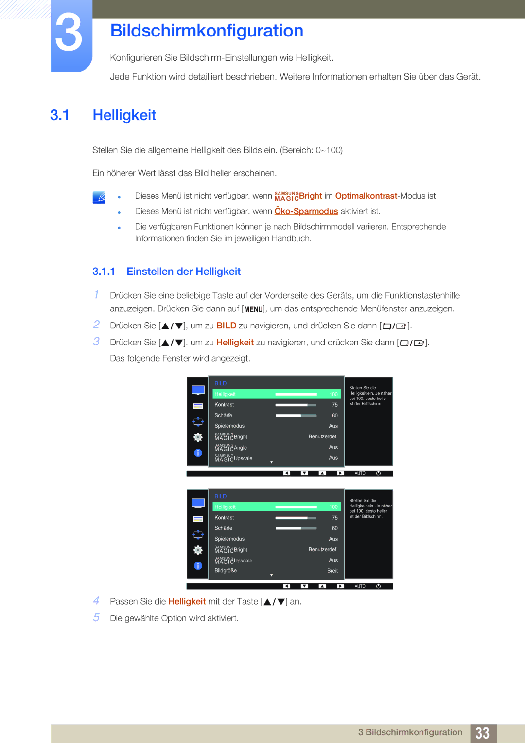 Samsung LS24D391HL/EN, LS27D391HS/EN manual Bildschirmkonfiguration, Einstellen der Helligkeit 