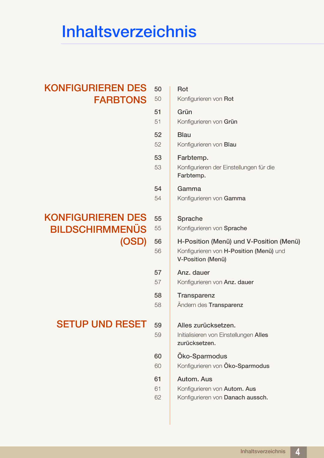 Samsung LS27D391HS/EN, LS24D391HL/EN manual Konfigurieren DES Bildschirmmenüs OSD Setup UND Reset 