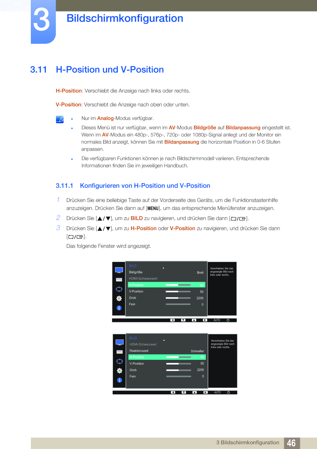 Samsung LS27D391HS/EN, LS24D391HL/EN manual Konfigurieren von H-Position und V-Position 