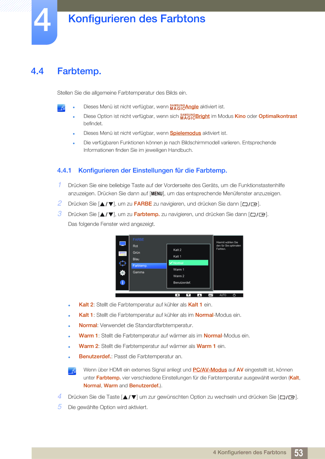 Samsung LS24D391HL/EN, LS27D391HS/EN manual Konfigurieren der Einstellungen für die Farbtemp 