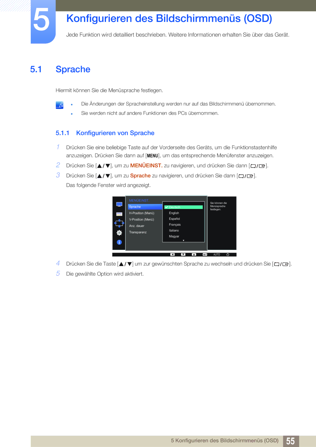 Samsung LS24D391HL/EN, LS27D391HS/EN manual Konfigurieren des Bildschirmmenüs OSD, Konfigurieren von Sprache 