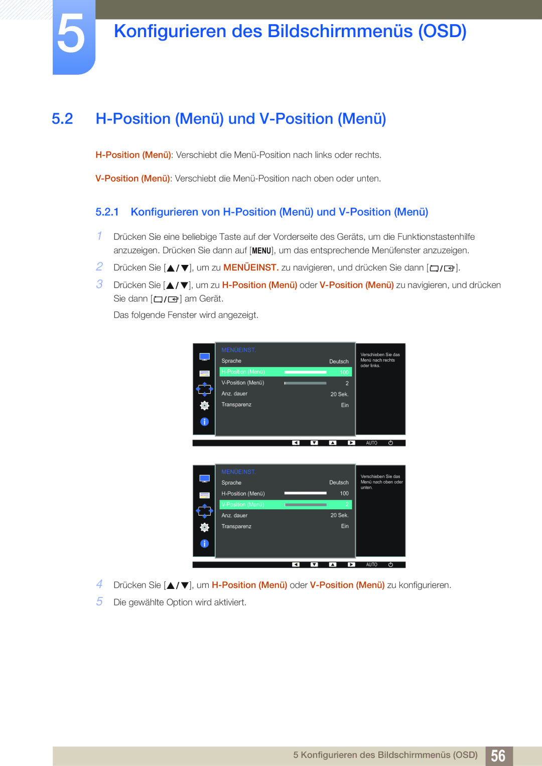 Samsung LS27D391HS/EN, LS24D391HL/EN manual Konfigurieren von H-Position Menü und V-Position Menü 