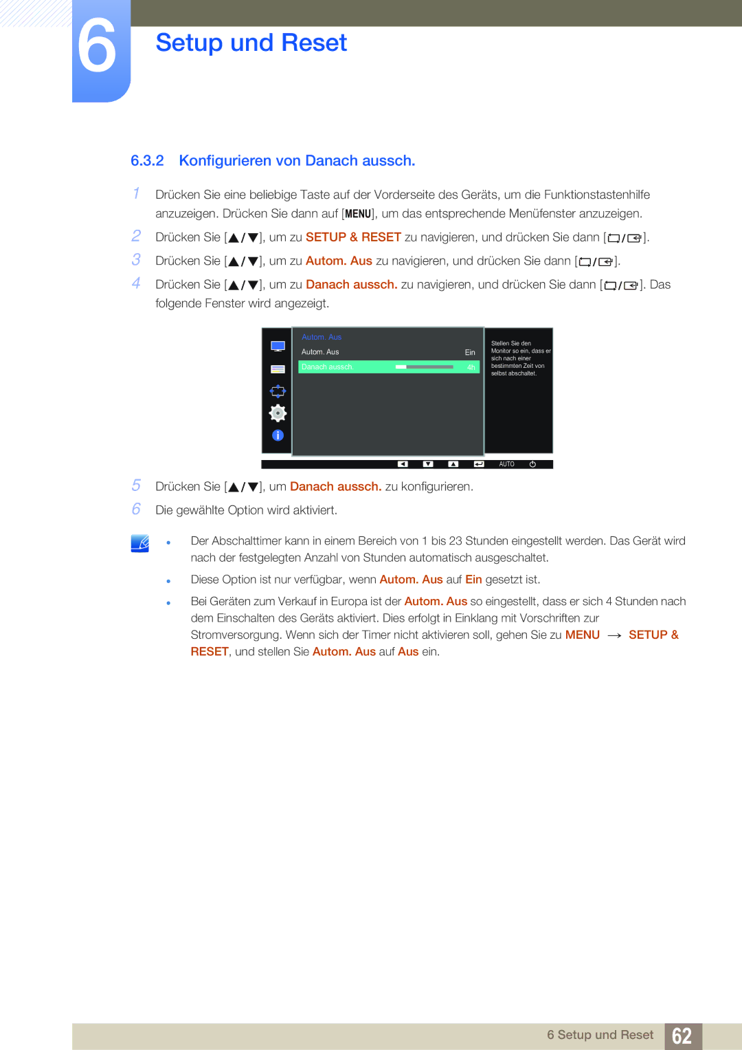 Samsung LS27D391HS/EN, LS24D391HL/EN manual Konfigurieren von Danach aussch, Autom. Aus Danach aussch Ein 