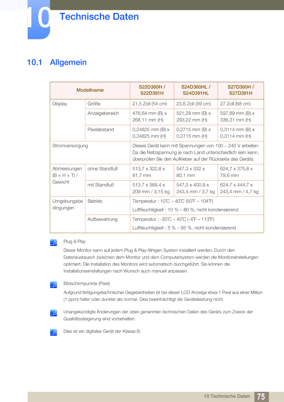 Samsung LS24D391HL/EN, LS27D391HS/EN manual Technische Daten, Allgemein 