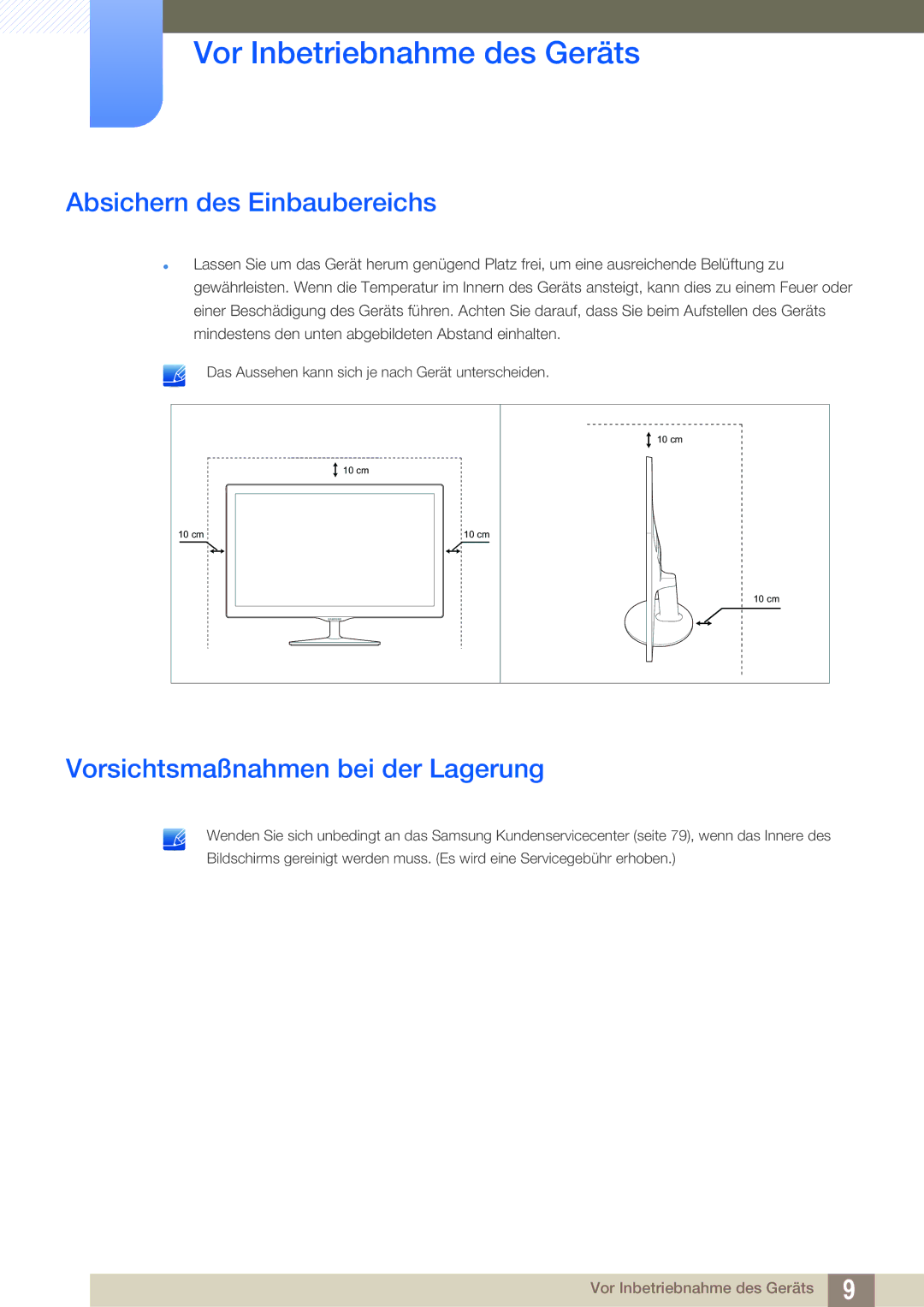 Samsung LS24D391HL/EN, LS27D391HS/EN manual Absichern des Einbaubereichs, Vorsichtsmaßnahmen bei der Lagerung 