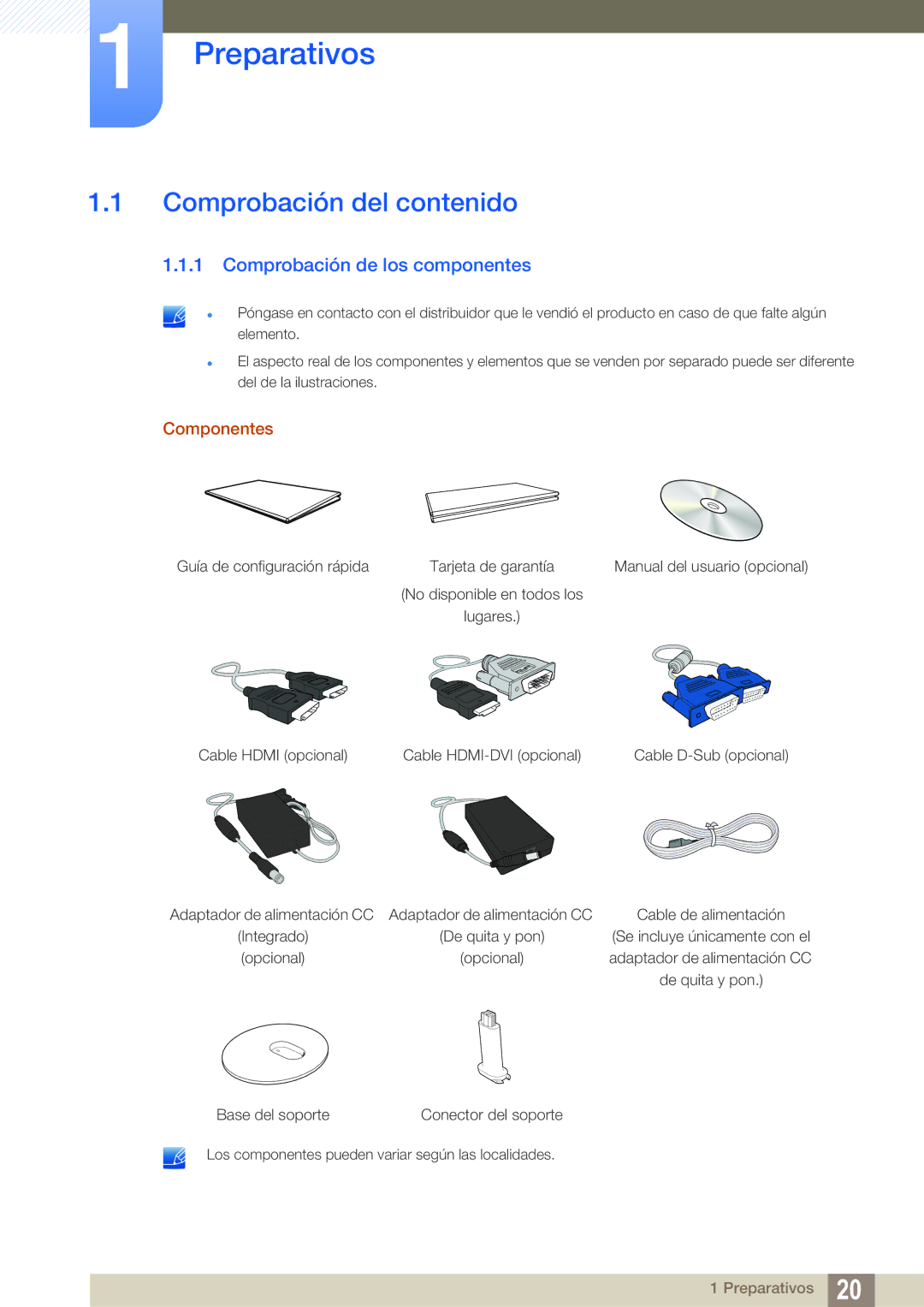 Samsung LS27D391HS/EN manual Preparativos, Comprobación del contenido, Comprobación de los componentes, Componentes 