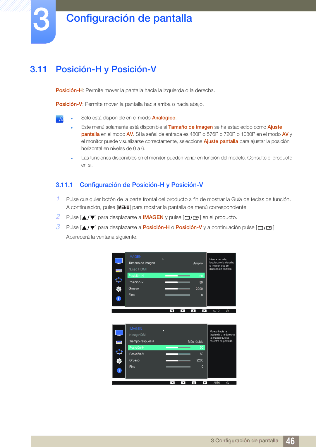 Samsung LS27D391HS/EN, LS24D391HL/EN manual Configuración de Posición-H y Posición-V 