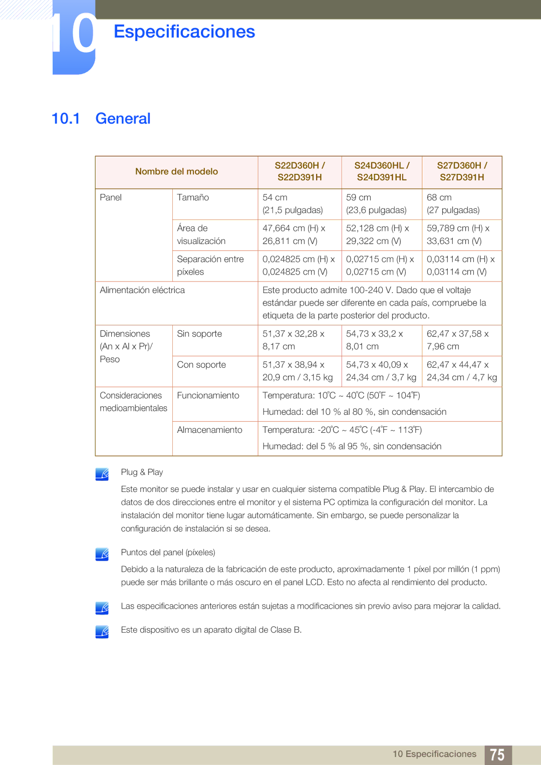 Samsung LS24D391HL/EN, LS27D391HS/EN manual Especificaciones, General 