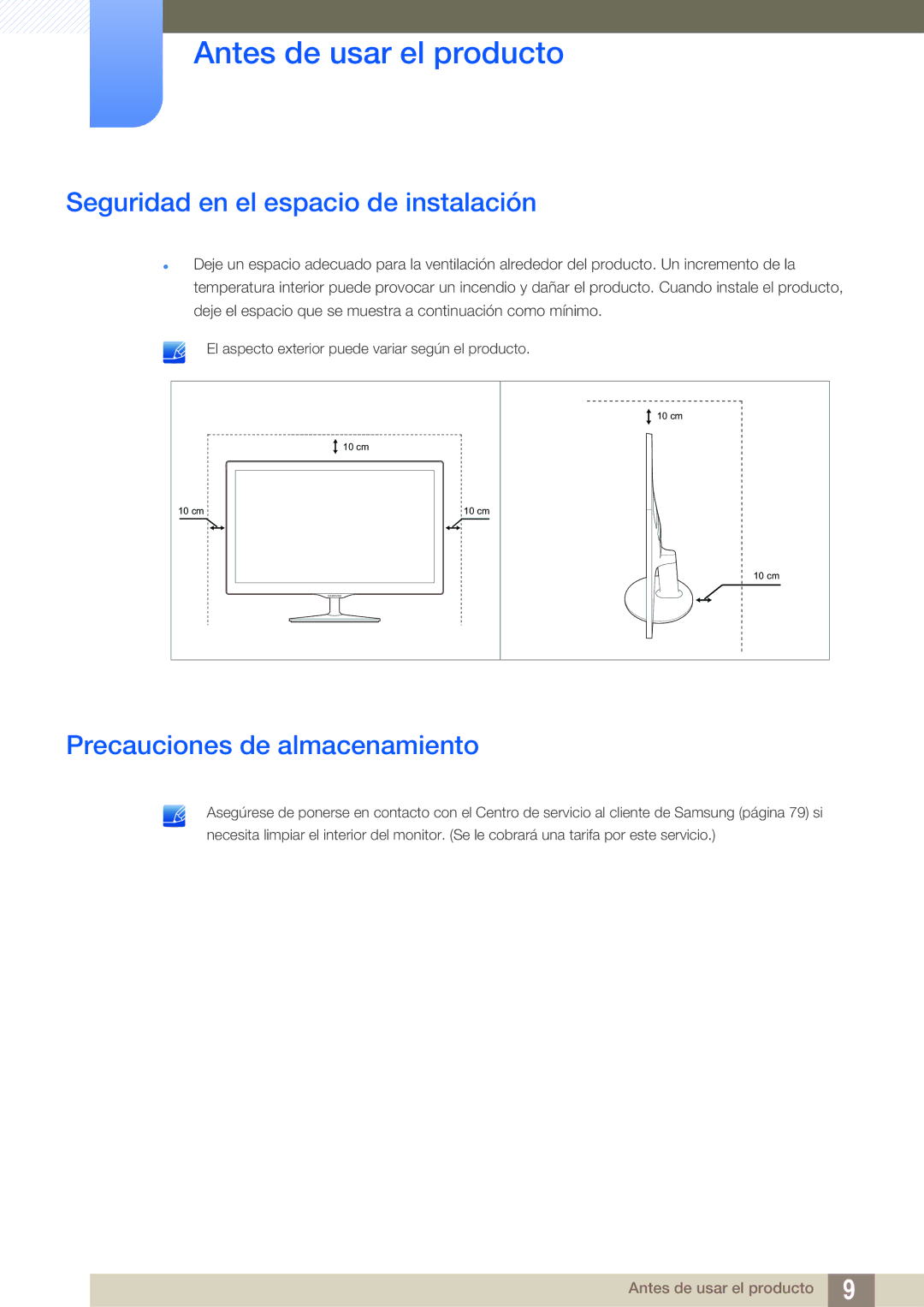 Samsung LS24D391HL/EN, LS27D391HS/EN manual Seguridad en el espacio de instalación, Precauciones de almacenamiento 