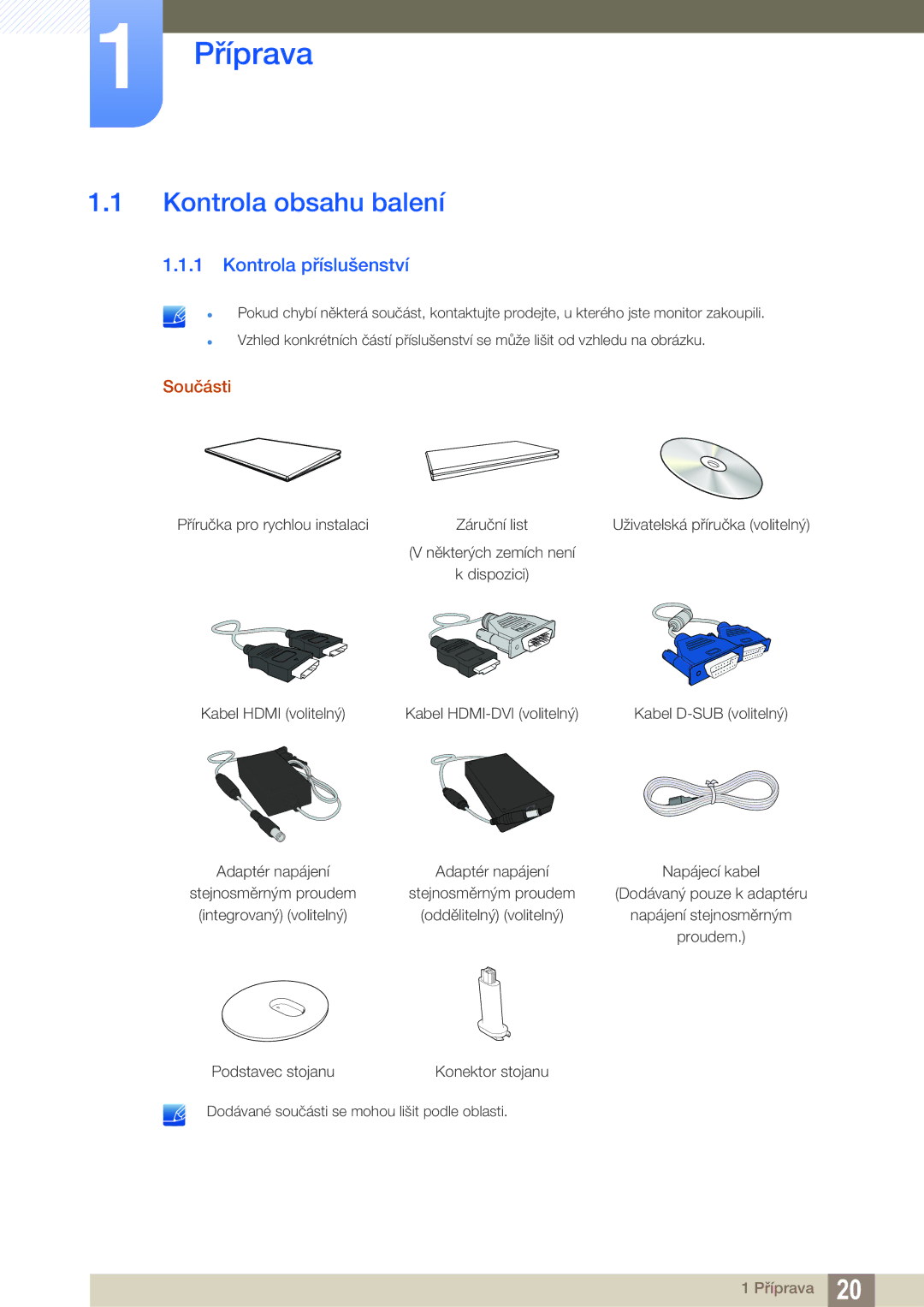 Samsung LS27D391HS/EN, LS24D391HL/EN manual Příprava, Kontrola obsahu balení, Kontrola příslušenství, Součásti 