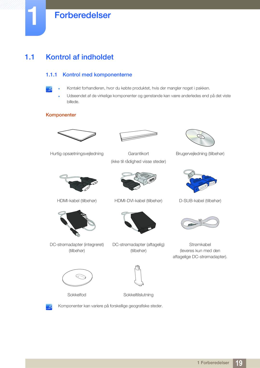 Samsung LS24D391HL/EN, LS27D391HS/EN manual Forberedelser, Kontrol af indholdet, Kontrol med komponenterne, Komponenter 