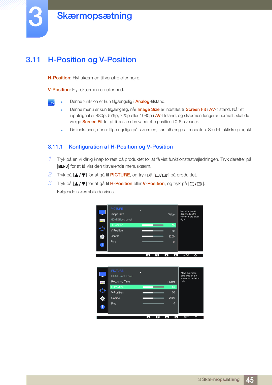 Samsung LS24D391HL/EN, LS27D391HS/EN manual Konfiguration af H-Position og V-Position 