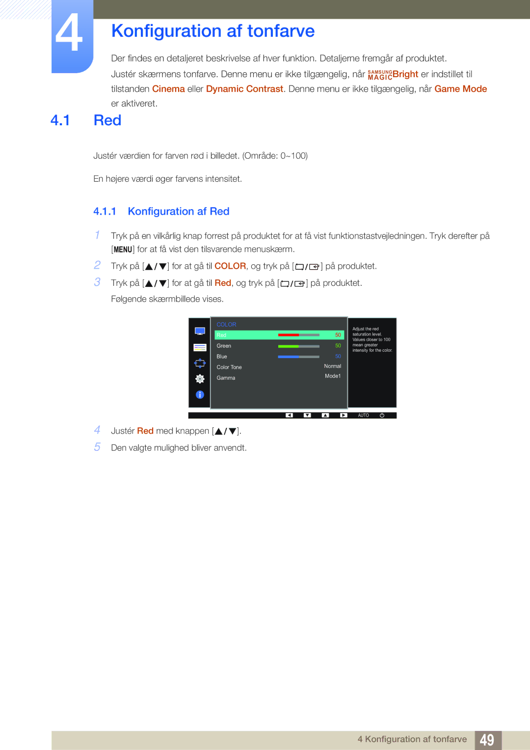 Samsung LS24D391HL/EN, LS27D391HS/EN manual Konfiguration af tonfarve, Konfiguration af Red 