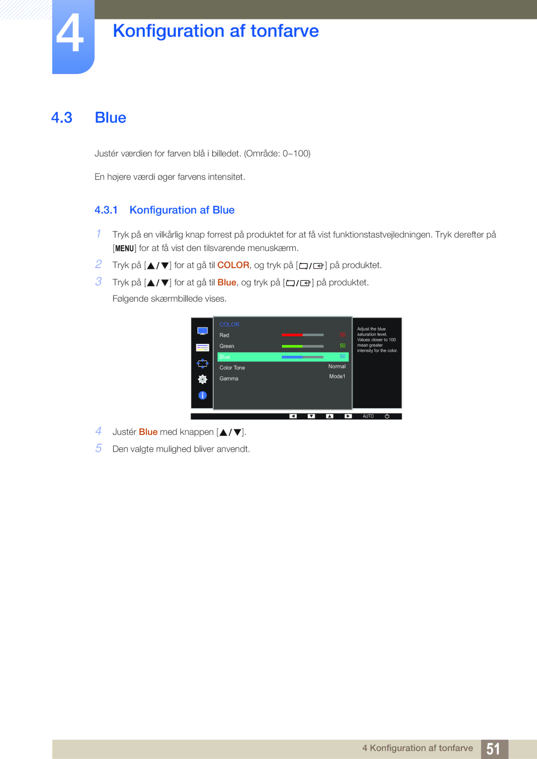 Samsung LS24D391HL/EN, LS27D391HS/EN manual Konfiguration af Blue 