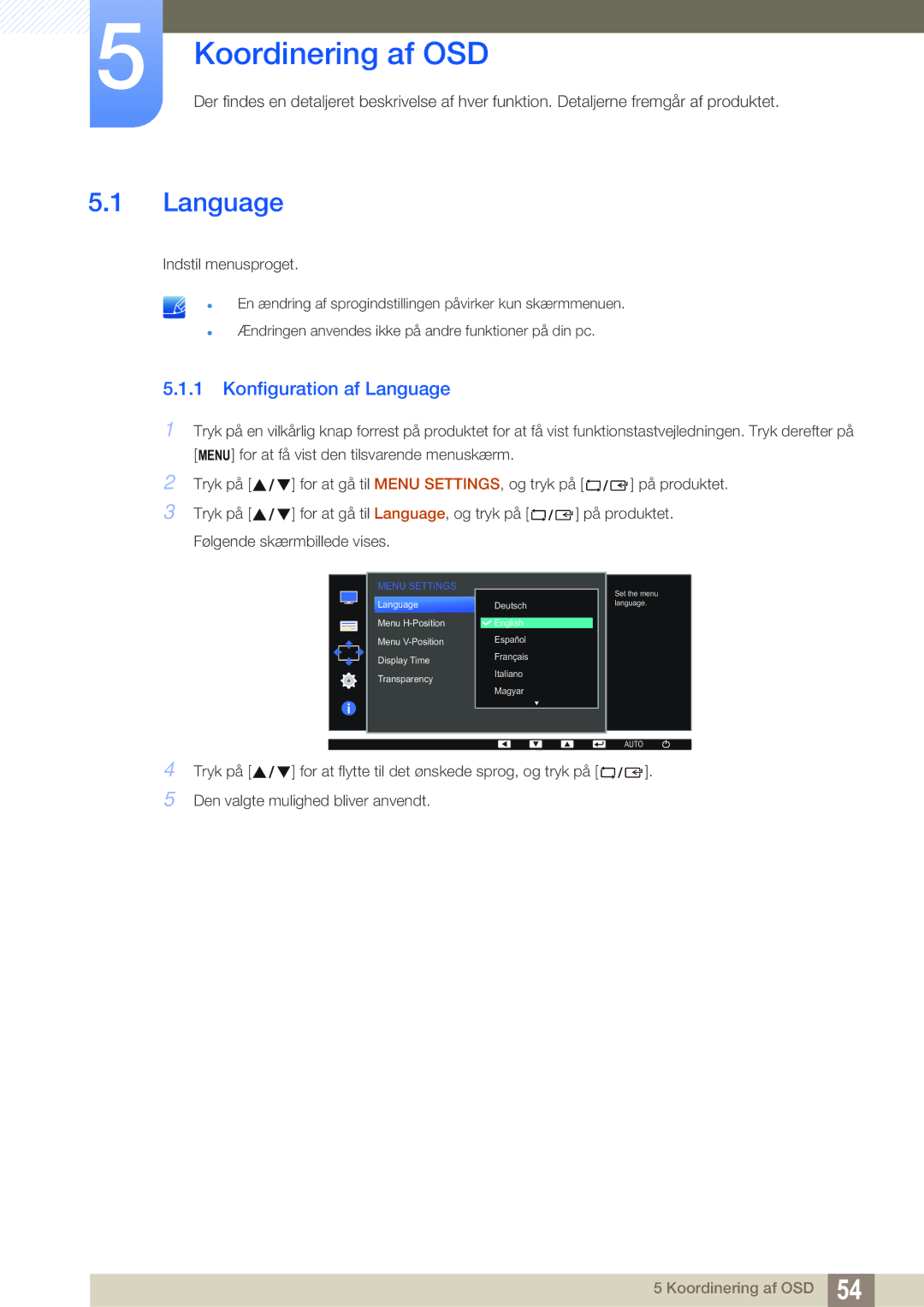 Samsung LS27D391HS/EN, LS24D391HL/EN manual Koordinering af OSD, Konfiguration af Language 