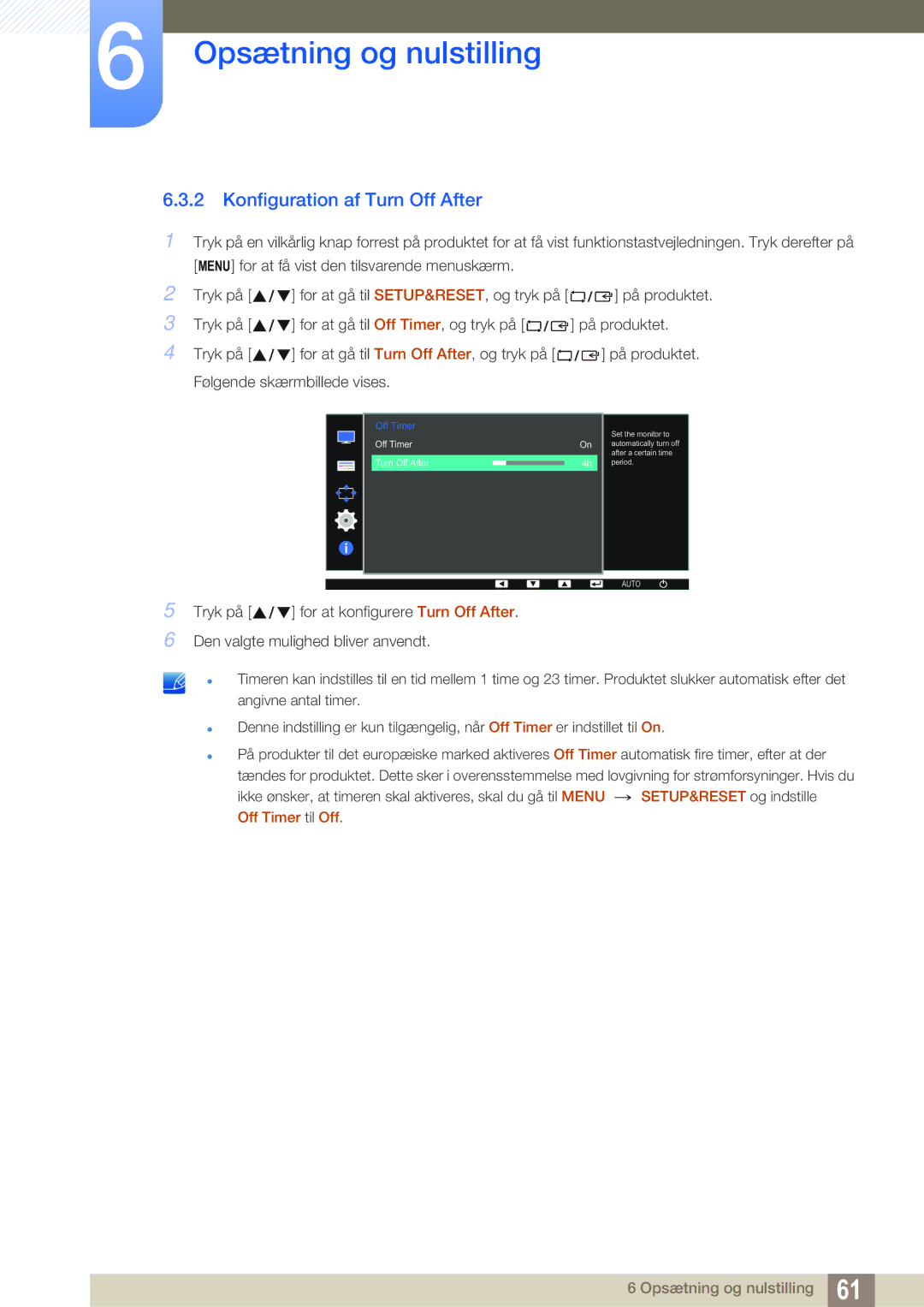 Samsung LS24D391HL/EN, LS27D391HS/EN manual Konfiguration af Turn Off After 