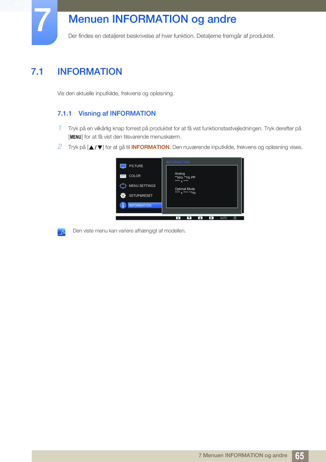 Samsung LS24D391HL/EN, LS27D391HS/EN manual Menuen Information og andre, Visning af Information 