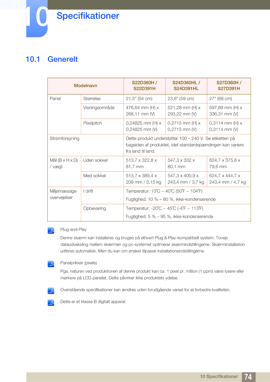 Samsung LS27D391HS/EN, LS24D391HL/EN manual Specifikationer, Generelt 