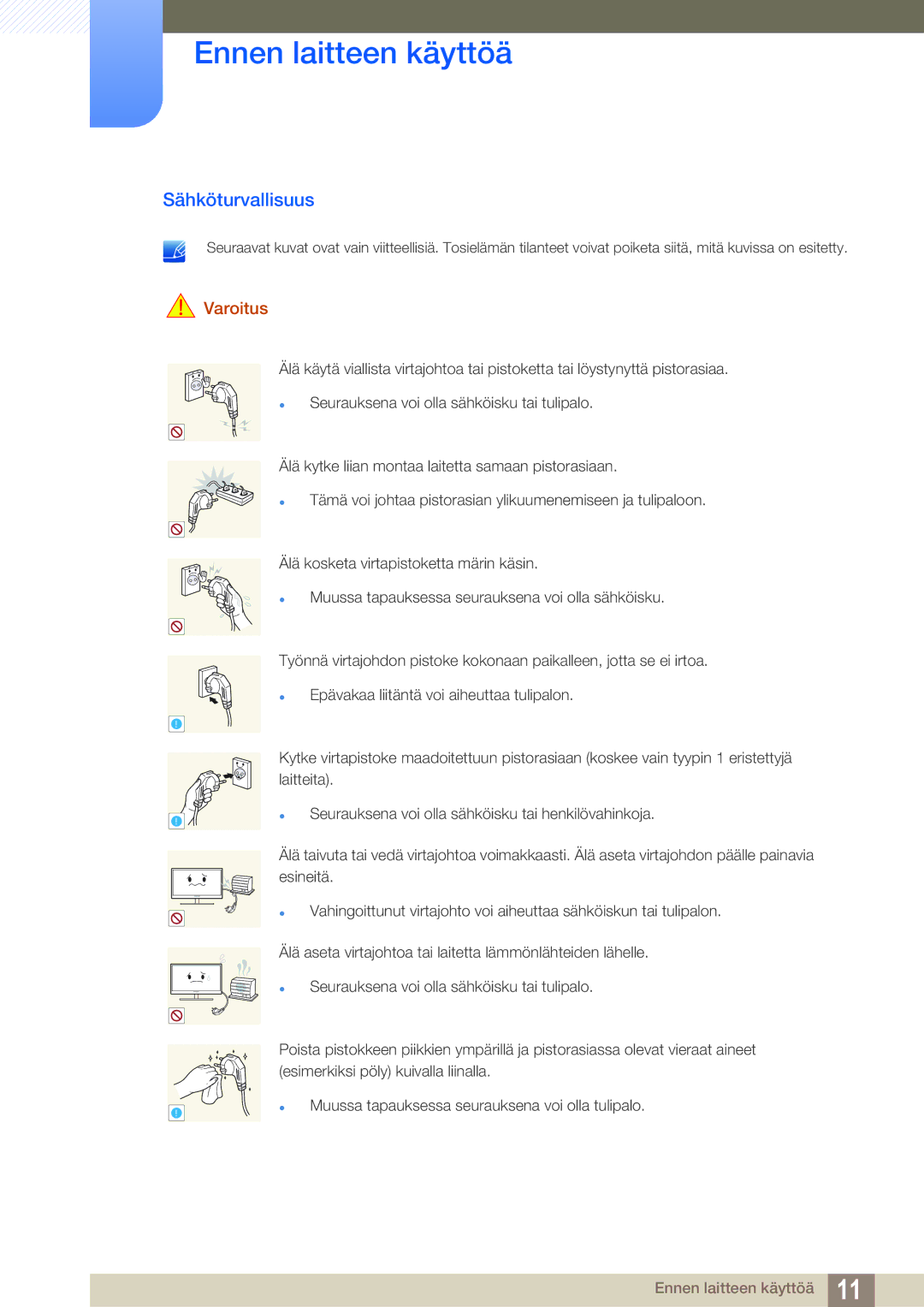 Samsung LS24D391HL/EN, LS27D391HS/EN manual Sähköturvallisuus, Varoitus 