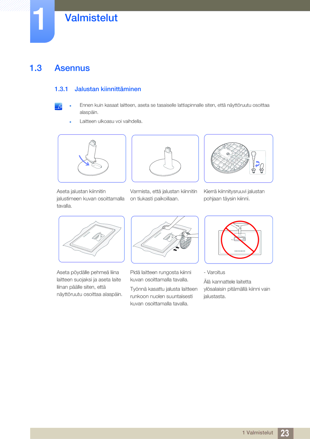 Samsung LS24D391HL/EN, LS27D391HS/EN manual Asennus, Jalustan kiinnittäminen 