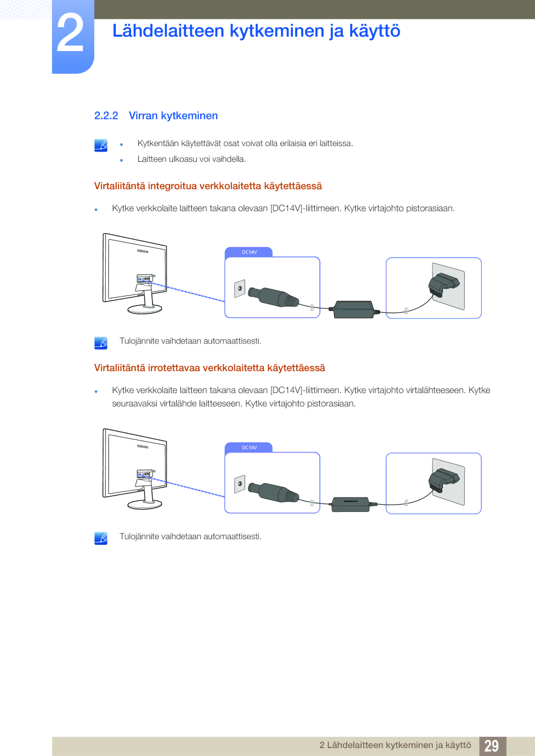 Samsung LS24D391HL/EN, LS27D391HS/EN manual Virran kytkeminen, Virtaliitäntä integroitua verkkolaitetta käytettäessä 