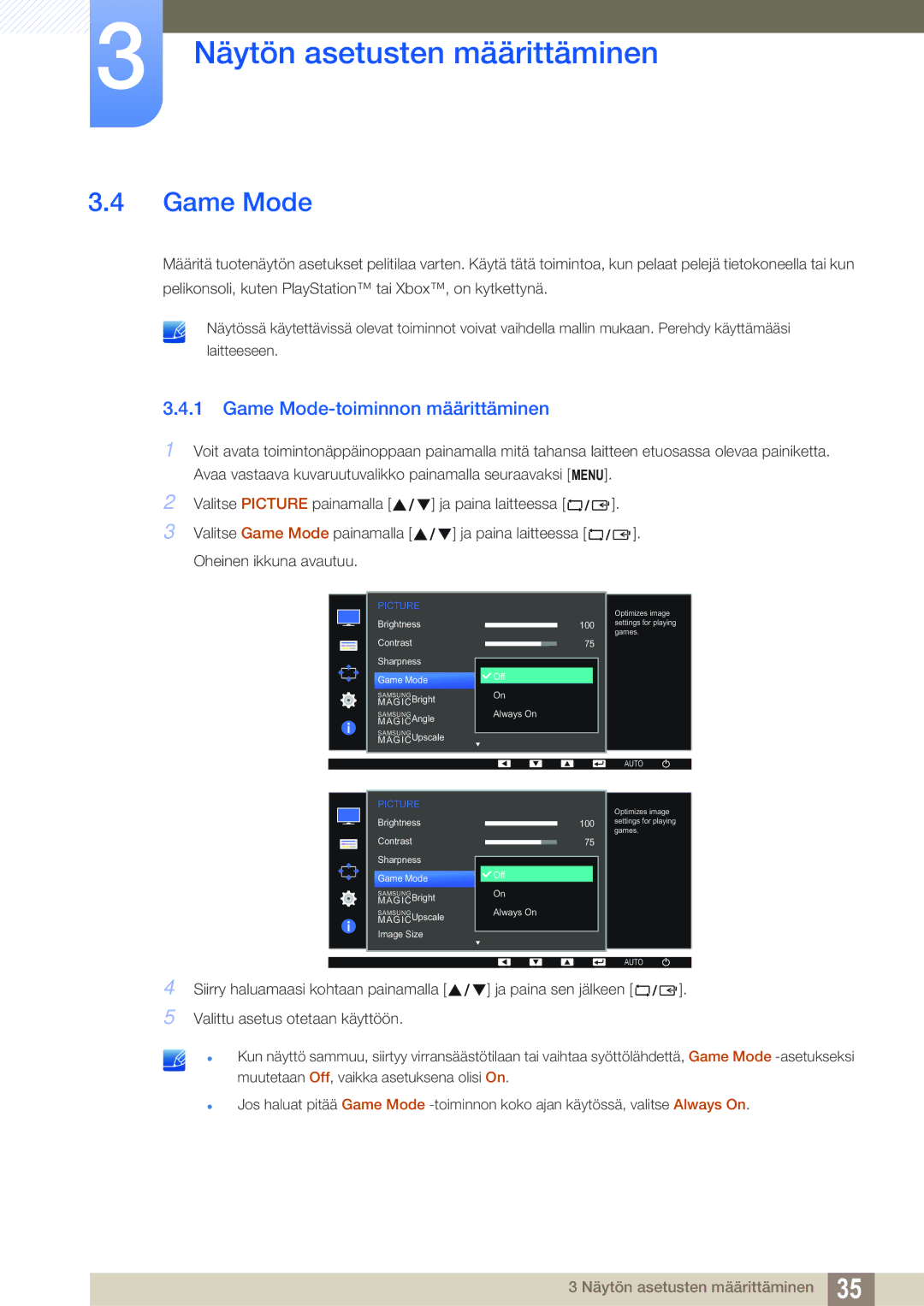 Samsung LS24D391HL/EN, LS27D391HS/EN manual Game Mode-toiminnon määrittäminen 