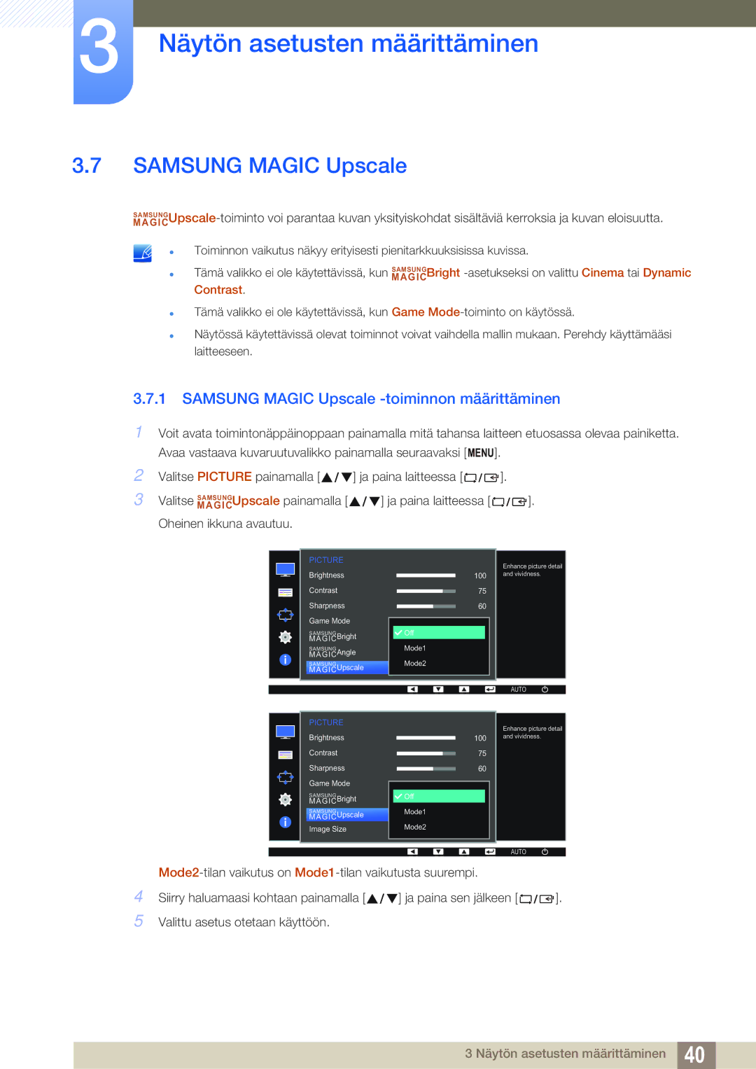 Samsung LS27D391HS/EN, LS24D391HL/EN manual Samsung Magic Upscale -toiminnon määrittäminen 