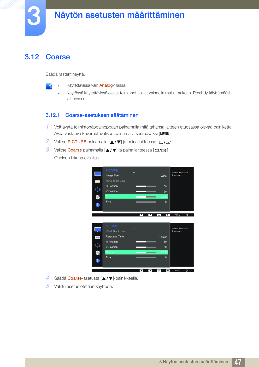 Samsung LS24D391HL/EN, LS27D391HS/EN manual Coarse-asetuksen säätäminen 